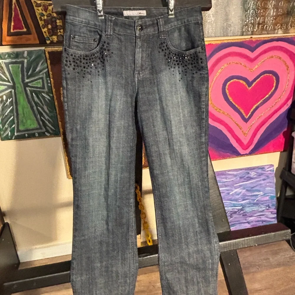 Chico's Size 0 Gray Studded Straight Leg Jeans